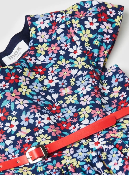 Girls Printed Round Neck A-Line Dress 