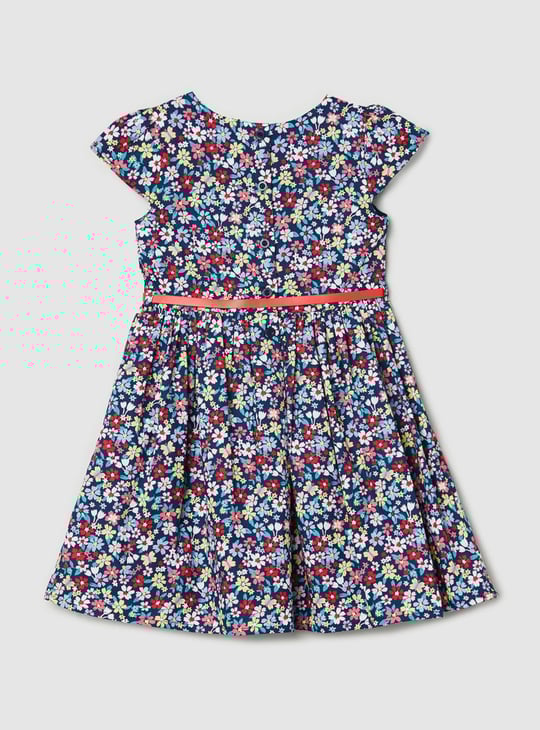 Girls Printed Round Neck A-Line Dress 