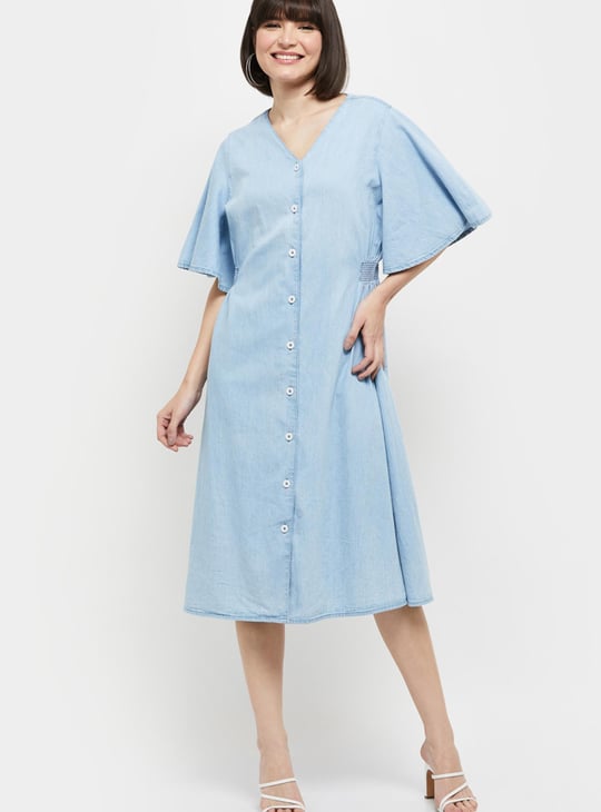Women Solid Bell Sleeves Denim Dress 