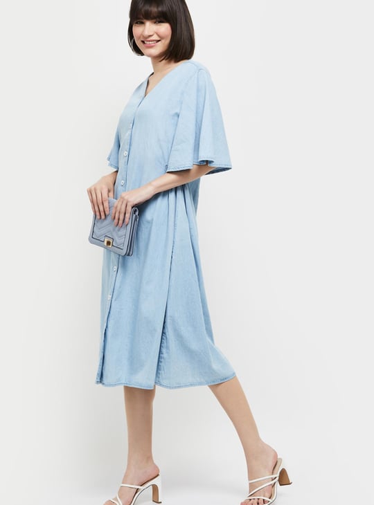 Women Solid Bell Sleeves Denim Dress 