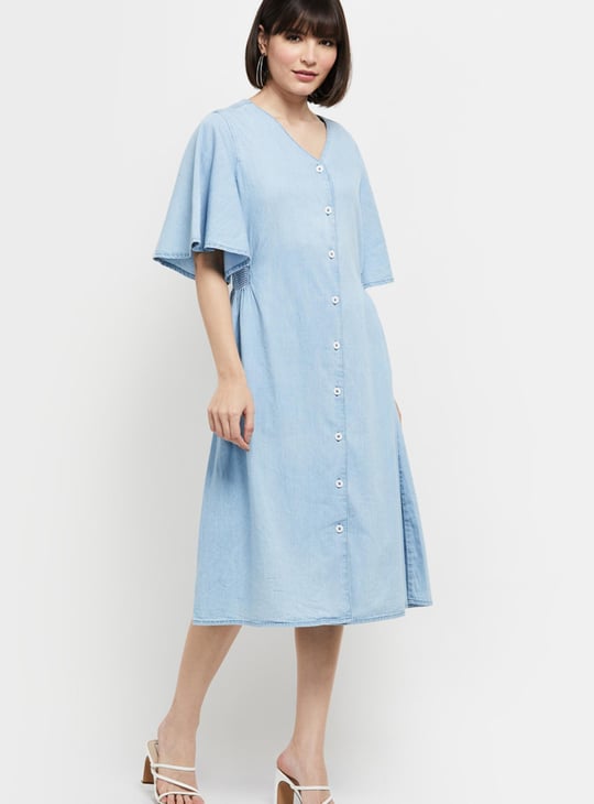 Women Solid Bell Sleeves Denim Dress 