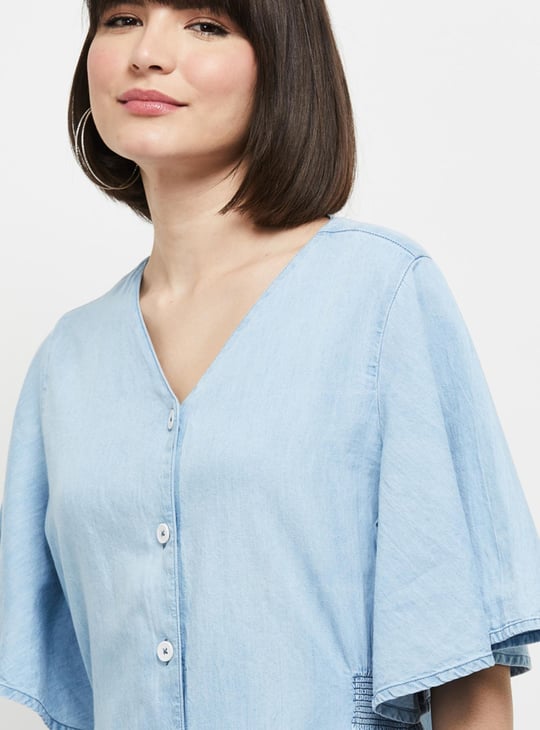 Women Solid Bell Sleeves Denim Dress 