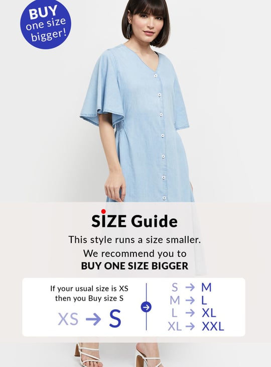 Women Solid Bell Sleeves Denim Dress 