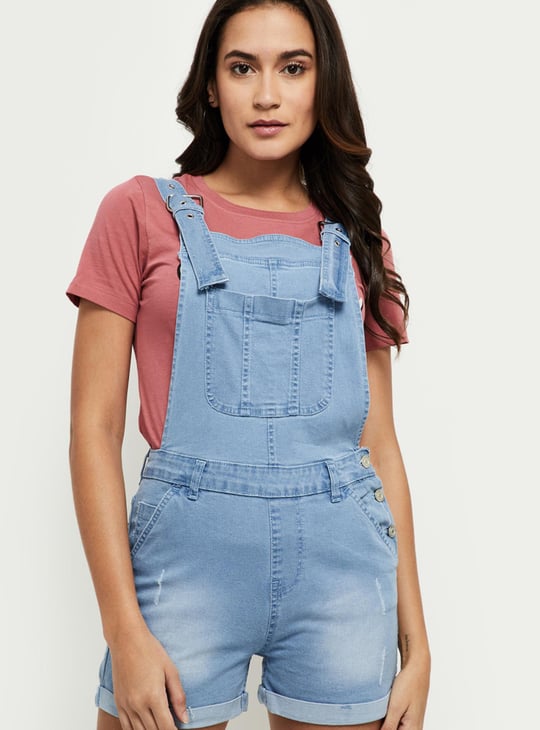 Women Light-Washed Denim Dungarees 