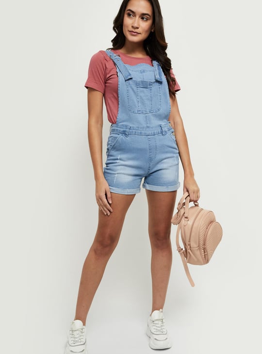 Women Light-Washed Denim Dungarees 