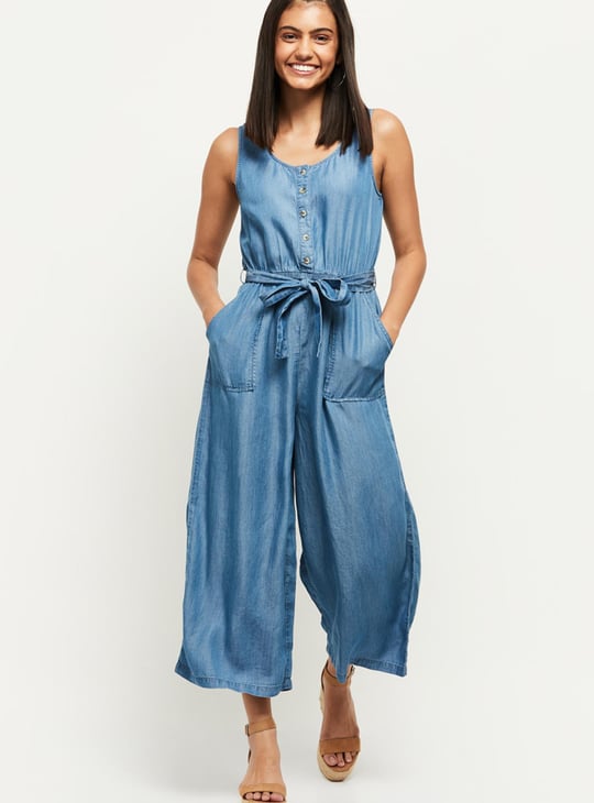 Women Solid Denim Jumpsuit 