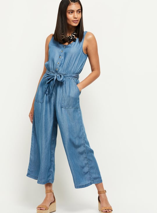 Women Solid Denim Jumpsuit 