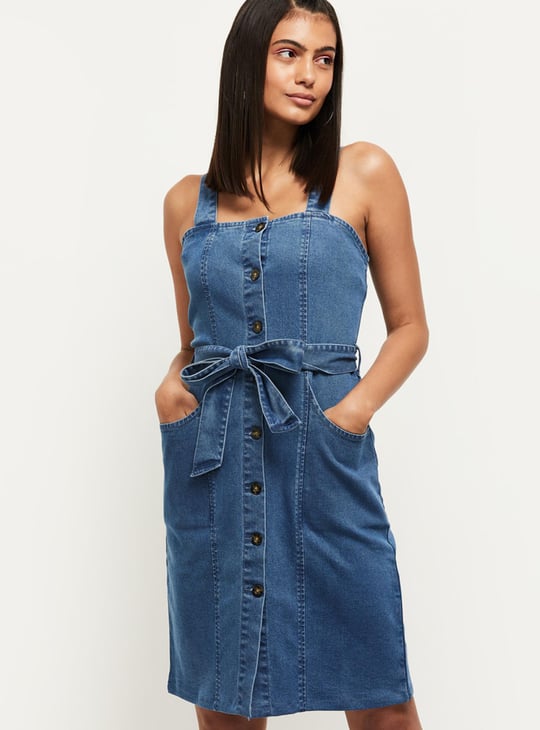 Women Solid Shoulder Straps Denim Dress 