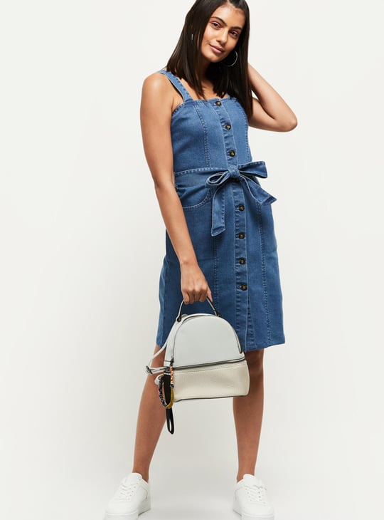 Women Solid Shoulder Straps Denim Dress 