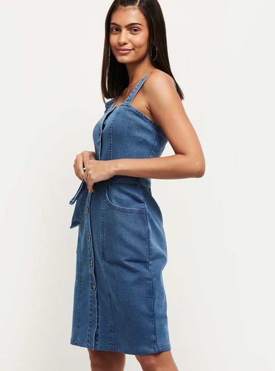 Women Solid Shoulder Straps Denim Dress 