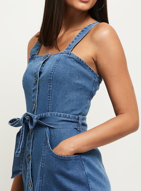 Women Solid Shoulder Straps Denim Dress 