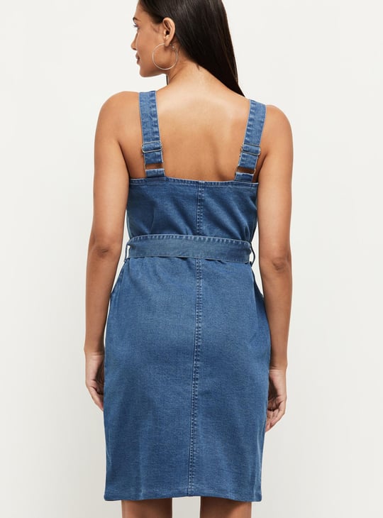Women Solid Shoulder Straps Denim Dress 