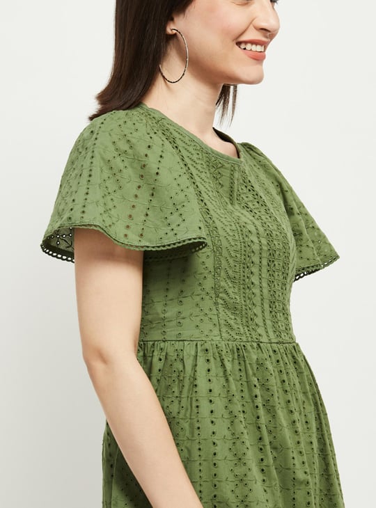 Women Schiffli Embroidered A-Line Dress | Green | Embroidered Women Schiffli Embroidered A-Line Dress | Green | Embroidered