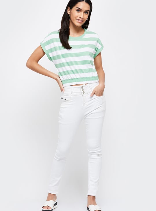 Women Striped Round Neck Cropped T-shirt 