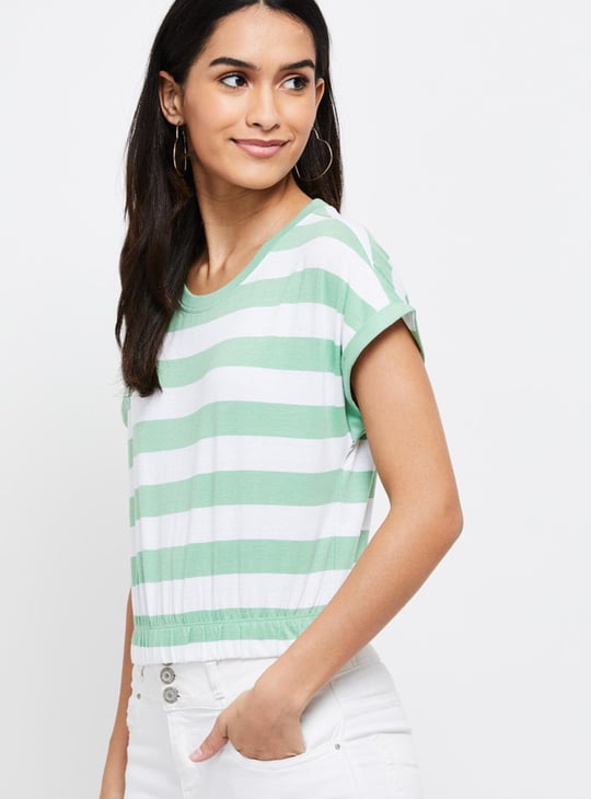 Women Striped Round Neck Cropped T-shirt 