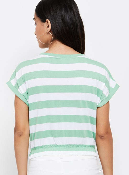Women Striped Round Neck Cropped T-shirt 
