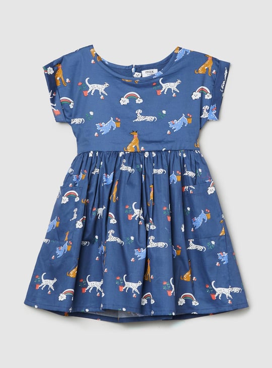 Girls Printed Round Neck A-Line Dress 