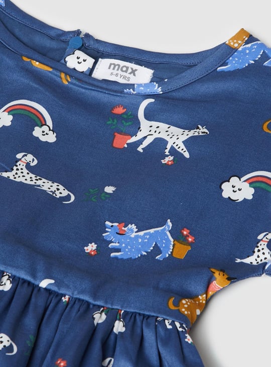 Girls Printed Round Neck A-Line Dress 