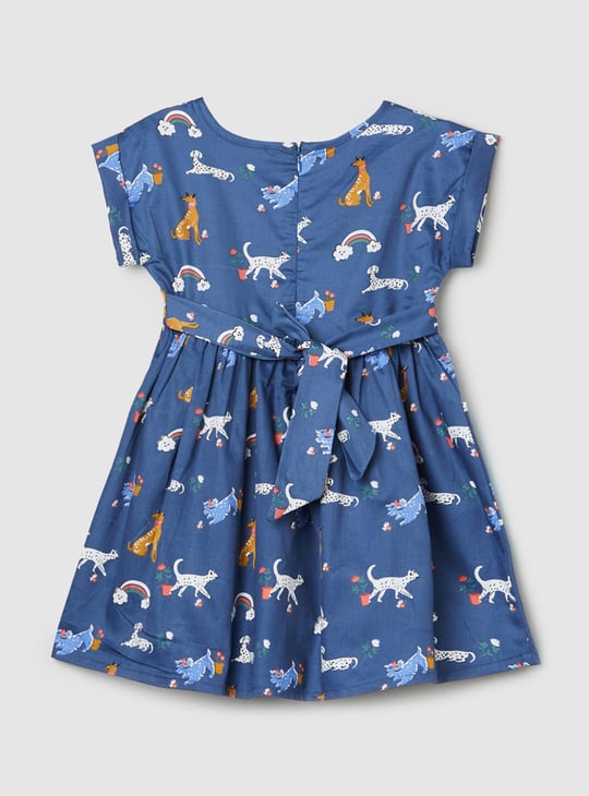Girls Printed Round Neck A-Line Dress 