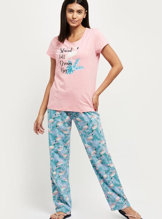 Women Printed Round Neck T-shirt with Elasticated Pyjamas 