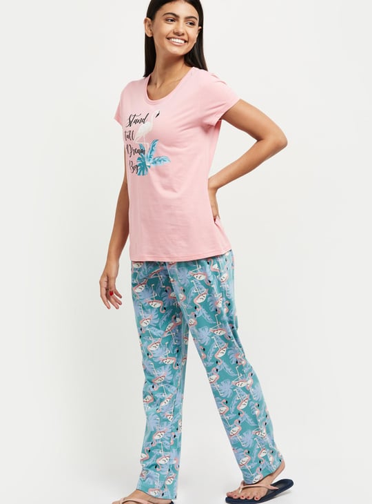 Women Printed Round Neck T-shirt with Elasticated Pyjamas 