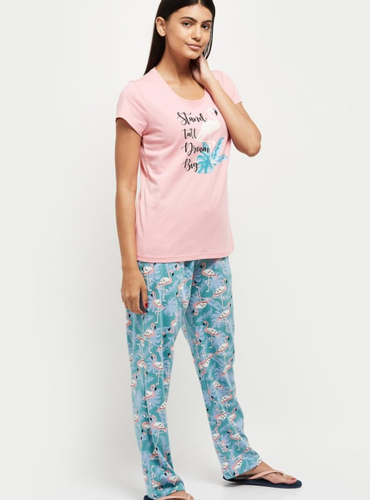 Women Printed Round Neck T-shirt with Elasticated Pyjamas 