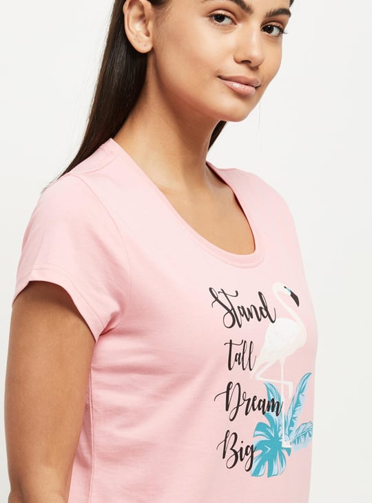 Women Printed Round Neck T-shirt with Elasticated Pyjamas 