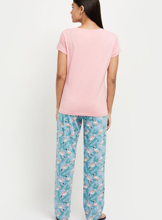 Women Printed Round Neck T-shirt with Elasticated Pyjamas 