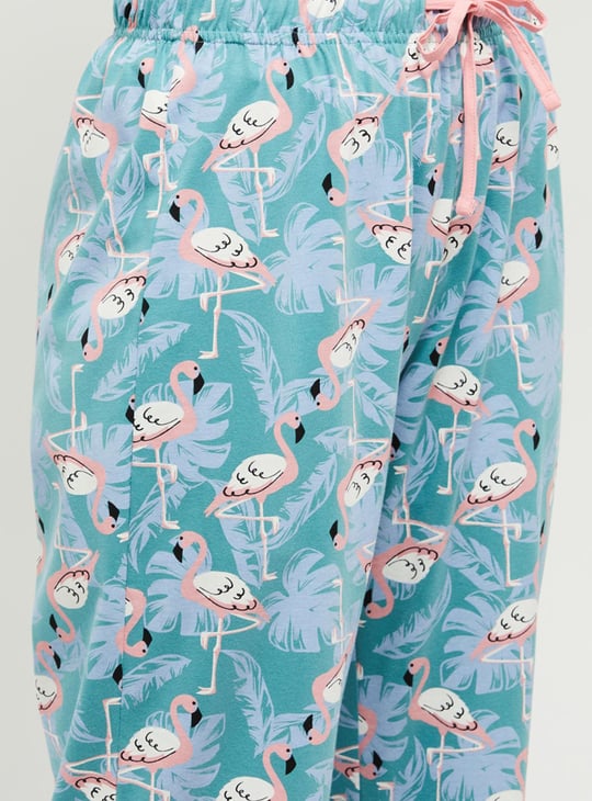 Women Printed Round Neck T-shirt with Elasticated Pyjamas 