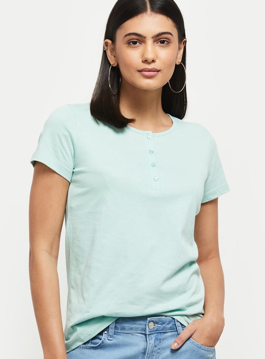 Women Solid Half Sleeves Henley T-shirt 