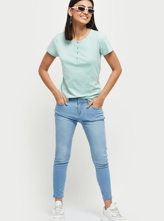 Women Solid Half Sleeves Henley T-shirt 