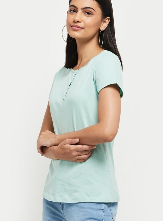 Women Solid Half Sleeves Henley T-shirt 