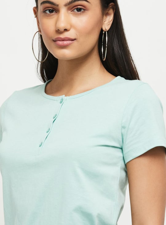 Women Solid Half Sleeves Henley T-shirt 