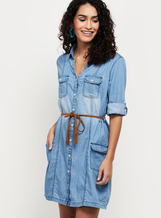 Women Washed Belt-Detail Denim Tunic