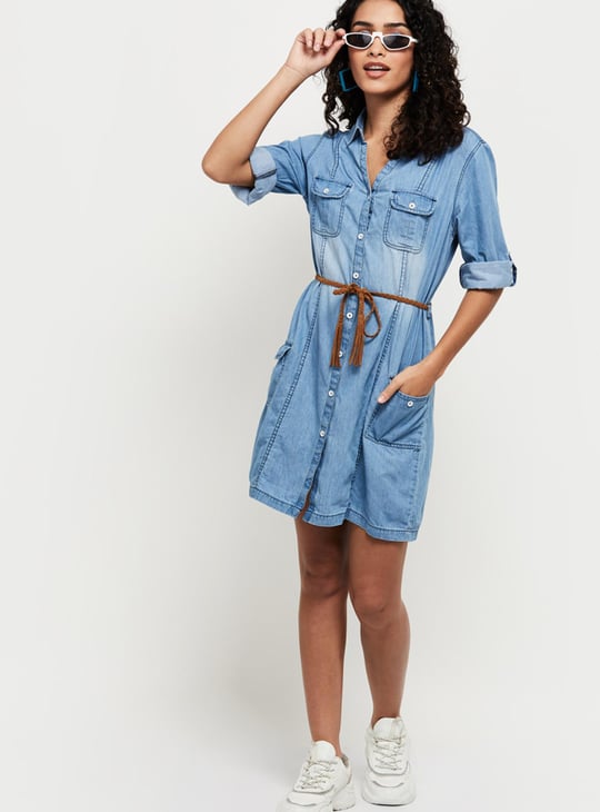 Women Washed Belt-Detail Denim Tunic