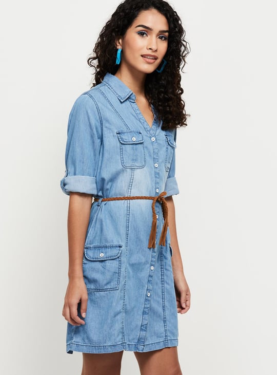 Women Washed Belt-Detail Denim Tunic