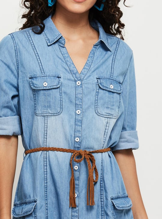 Women Washed Belt-Detail Denim Tunic