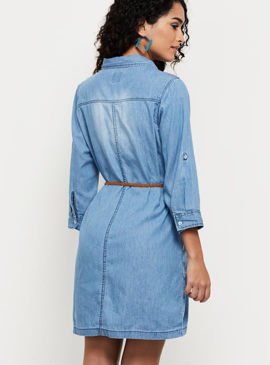 Women Washed Belt-Detail Denim Tunic