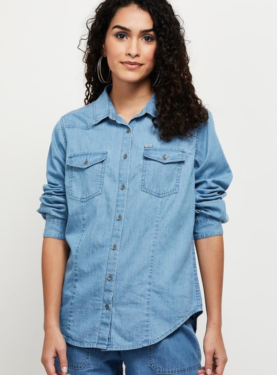 Women Solid Spread Collar Denim Shirt 