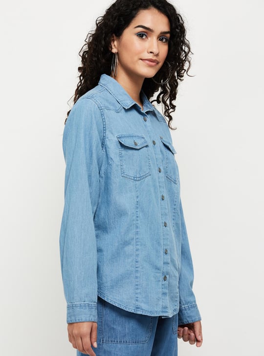 Women Solid Spread Collar Denim Shirt 
