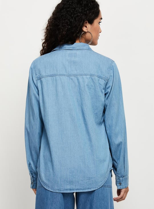 Women Solid Spread Collar Denim Shirt 