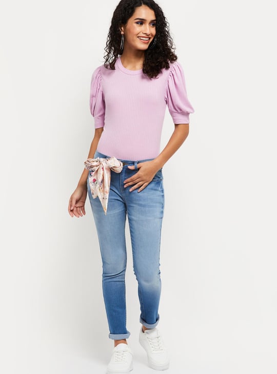 MAX Women Textured Puffed Sleeves Top