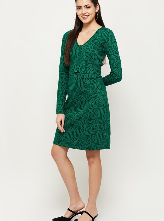 Women Printed A-Line Dress With Full Sleeves Jacket 