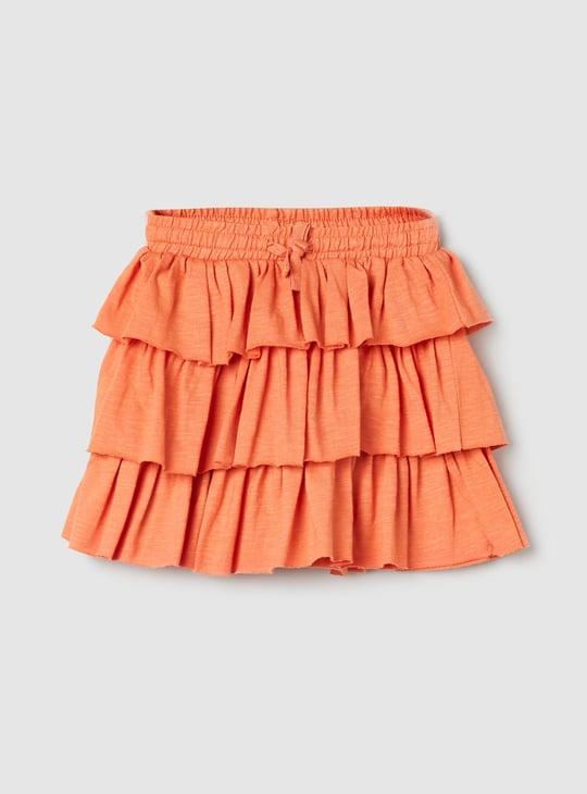 Girls Solid Elasticated Tiered Skirt