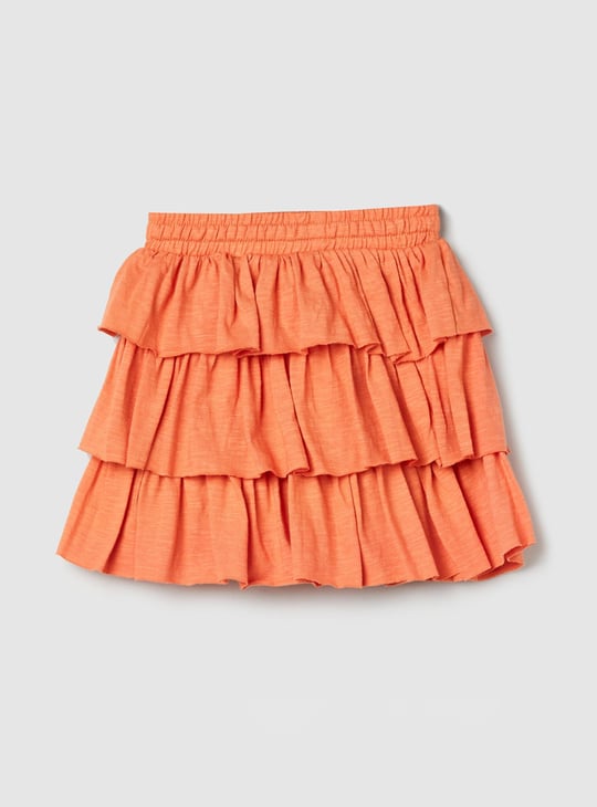 Girls Solid Elasticated Tiered Skirt
