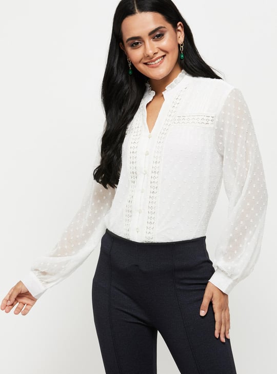 Women Textured Band Collar Top