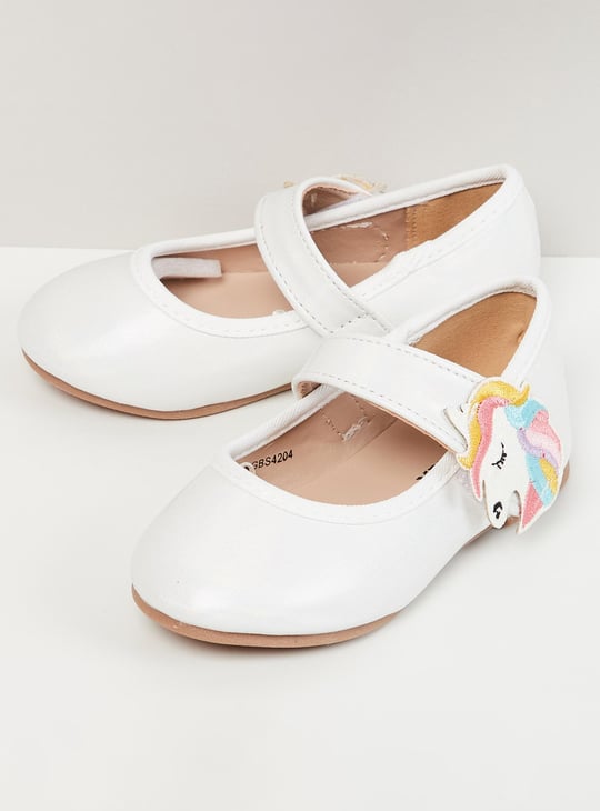 Girls Unicorn Applique Velcro-Strap Ballerinas
