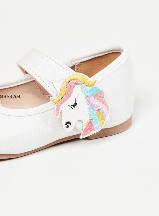 Girls Unicorn Applique Velcro-Strap Ballerinas