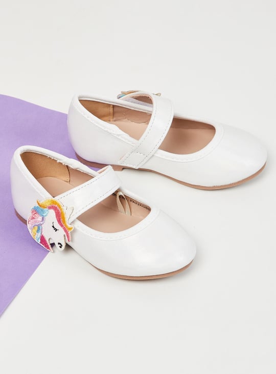 Girls Unicorn Applique Velcro-Strap Ballerinas