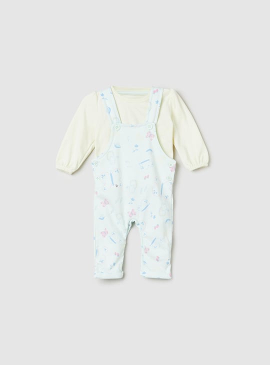 Girls Printed Romper Set With Solid T-Shirt